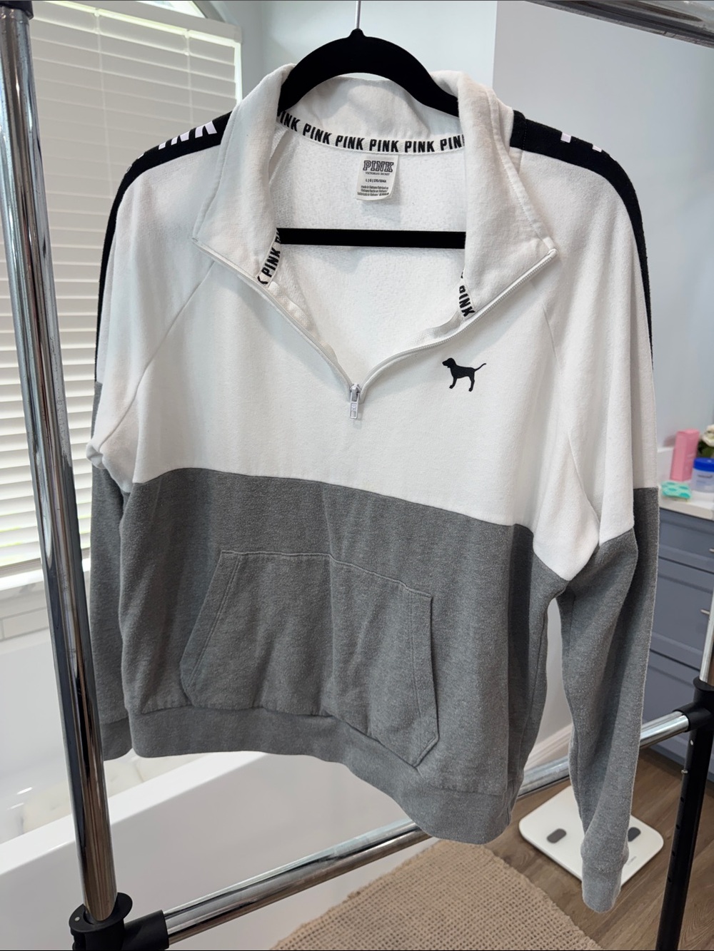 PINK Victoria's Secret White and Gray Colorblock Half-Zip Pullover